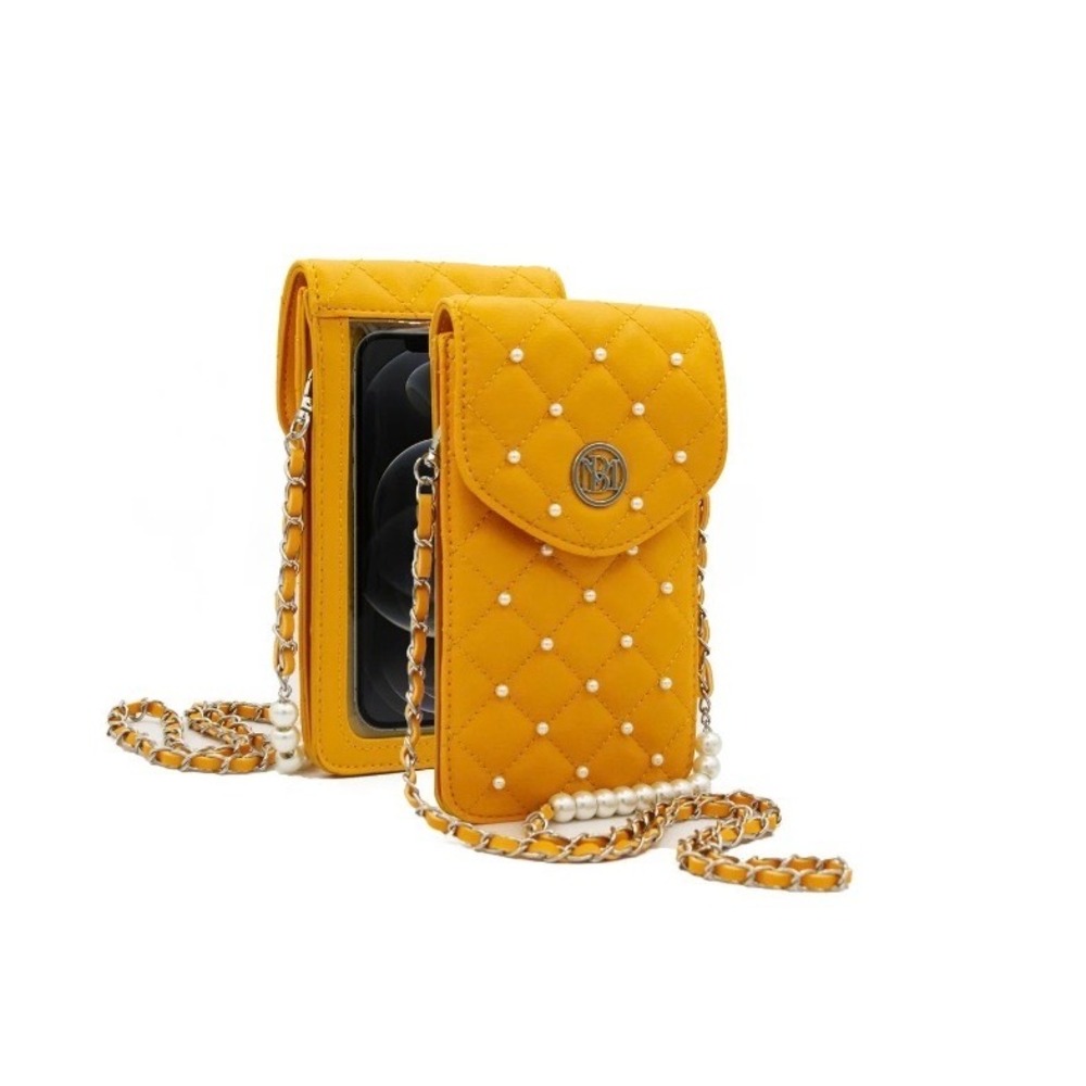 Studio Badgley‎ Mischka Yellow Quilted Vegan Leather Pearl Crossbody Phone Bag